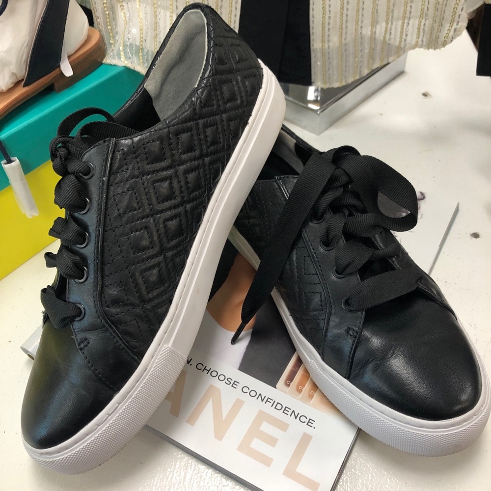 Tory Burch Black Leather Marion Quilted Sneakers - Picture 3 of 8